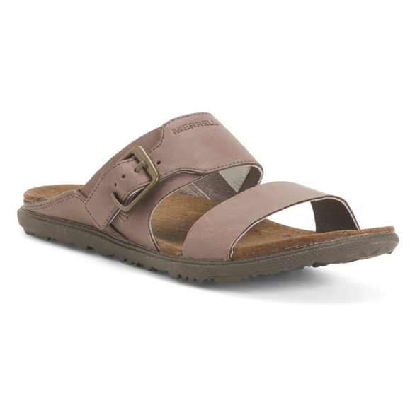NITB MERRELL Luxe Buckle leather slides in Falcon - Picture 1 of 4
